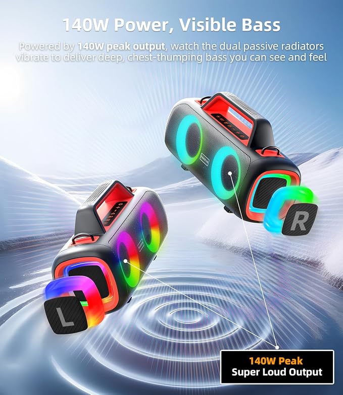 Portable Bluetooth Speaker 140W, Loud Wireless Speaker with 2 Subwoofers & Bass Boost, IP65 Waterproof Outdoor, 12000mAh Battery 24H Playtime, RGB Lights, TF/AUX/Mic Input for Home, Party, Outdoor