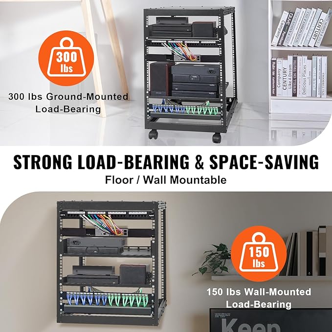 VEVOR 15U Open Frame Server Rack, 23''-40'' Adjustable Depth, Free Standing or Wall Mount Network Server Rack, 4 Post AV Rack with Casters, Holds All Your Networking IT Equipment AV Gear Router Modem
