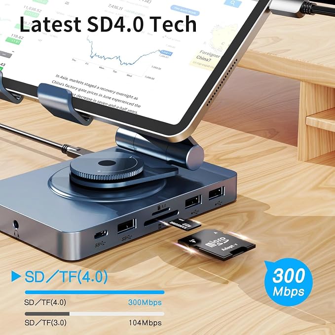 360° Rotating USB C Docking Station for iPad Pro, Tablet, Samsung, Steam Deck, ROG Ally, Legion Go, Msi Claw, etc, 11-in-1 with SD TF 4.0 Reader, 4K@60Hz HDMI, RJ45, Audio, USB A, USB C