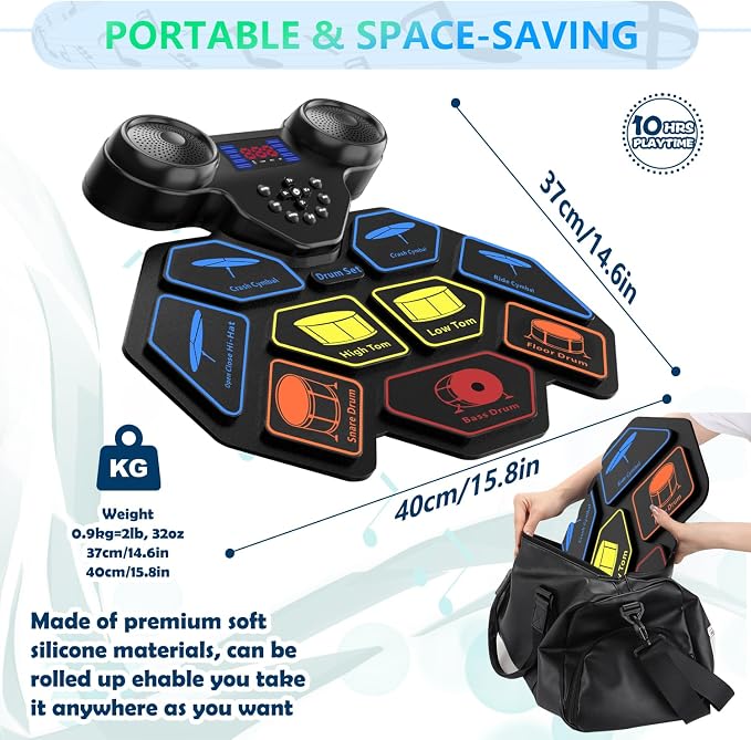 Electronic Drum Set - YUOIOYU Electric Drum Set Roll Up Portable Drum Kit MIDI Practice Drum Pad with Dual Built-in Speaker, Drum Sticks and Pedals, Christmas Birthday Gift for Kids Adult