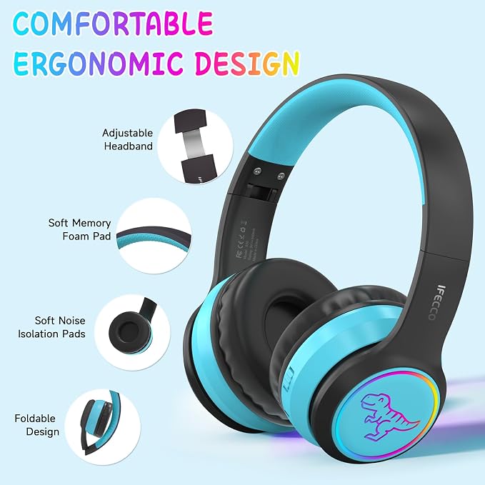 IFECCO Wireless Kids Boys Headphones with Microphone,Cute Light Up Dinosaur Children Boys Bluetooth Headphones with Case for School Travel Gifts