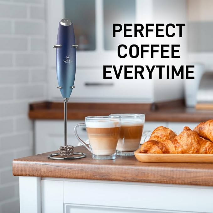 Zulay Kitchen Powerful Milk Frother Wand With Duracell Batteries - Ultra Fast Handheld Drink Mixer - Electric Whisk Foam Maker for Coffee, Lattes, Cappuccino & Matcha - Triple Whisk - Ocean Depth