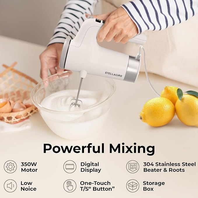 Electric Hand Mixer 350W, 9 Speed Handheld Mixer with Timer, Beaters, Whisks & Dough Hooks, Storage Case, Kitchen Mixer for Baking, Eggs, Cream, Cookie Dough & Frosting, White