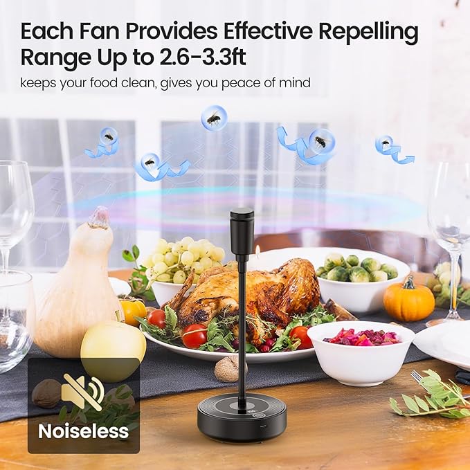 TriPole Fly Fans for Tables, 2000mAh Rechargeable Battery Operated Food Fan Lasts 20 Hrs with LED Display, Portable Fly Table Fan Indoor Outdoor for Picnic, Party, BBQ, Kitchen, Patio, 4 Pack