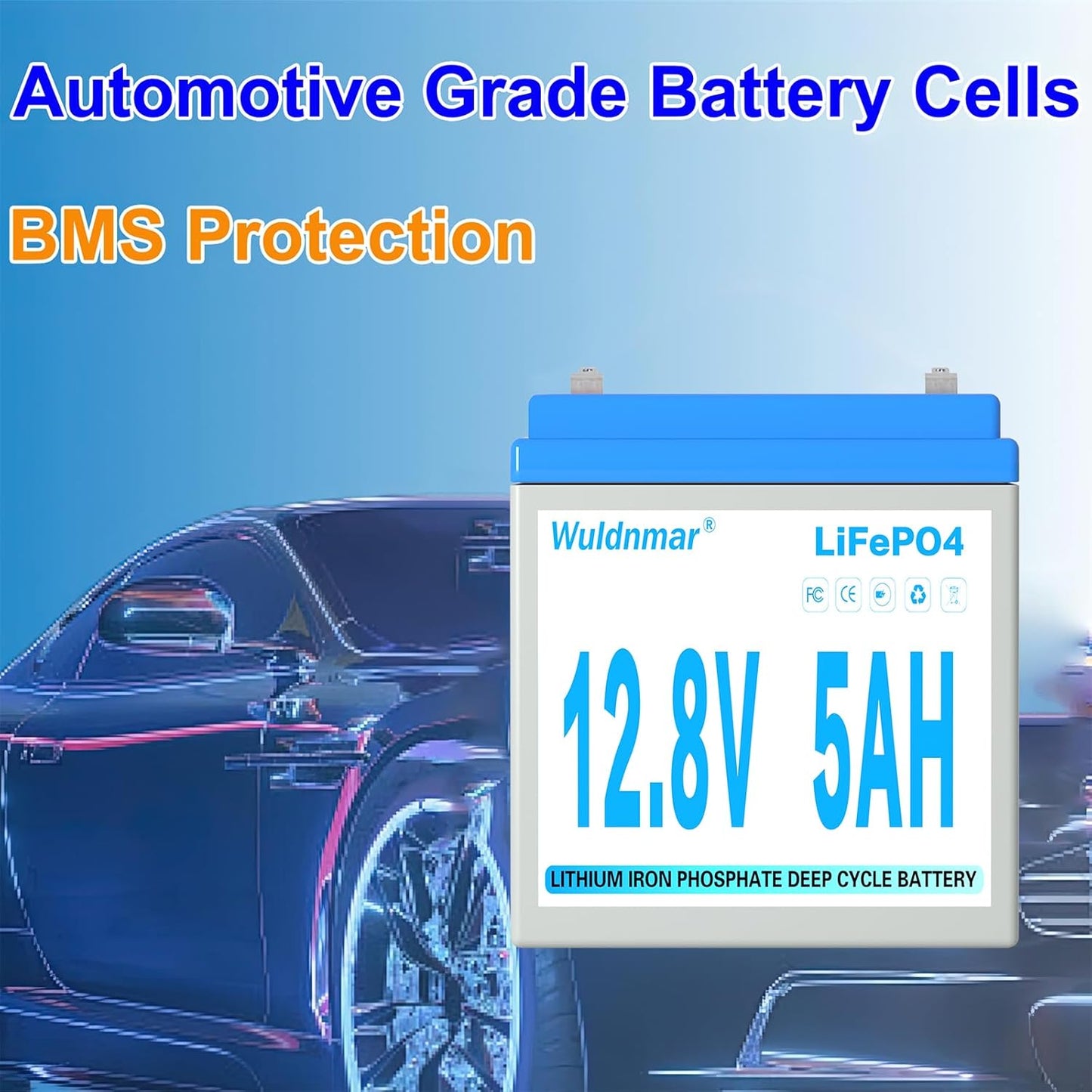 12V 5Ah LiFePO4 Battery, Lithium Battery with BMS, 3000+ Cycles, 64WH Deep Cycle Battery for Marine Battery, Car, RV, Golf Cart, Solar