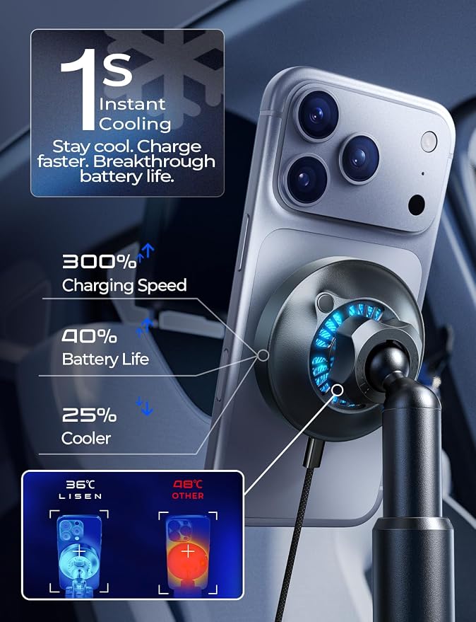LISEN for Qi2.2 25W MagSafe Car Mount Charger Cup Holder Mount, [Designed for iPhone] Cooling Magnetic Wireless Car Charger, Cup Holder Phone Holders 25W for iPhone 17 16, 15W for iPhone 15 14 13 12