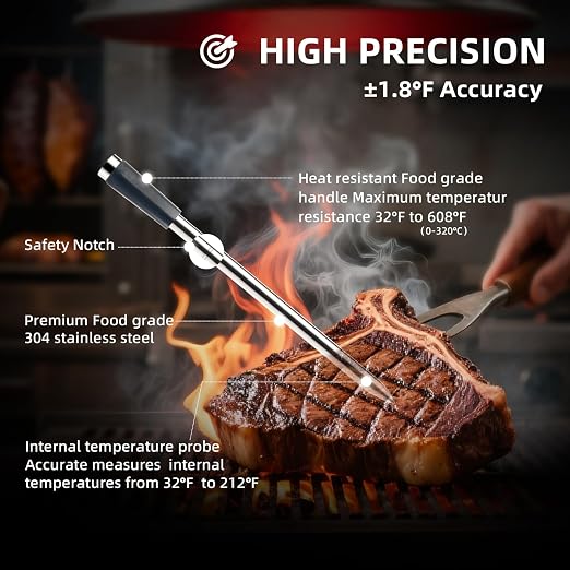 Smart Bluetooth Meat Thermometer with App, Wireless Digital Food Thermometer for BBQ Grilling, 1000°F Heat Resistant, IP68 Waterproof, Long Range for iOS Android