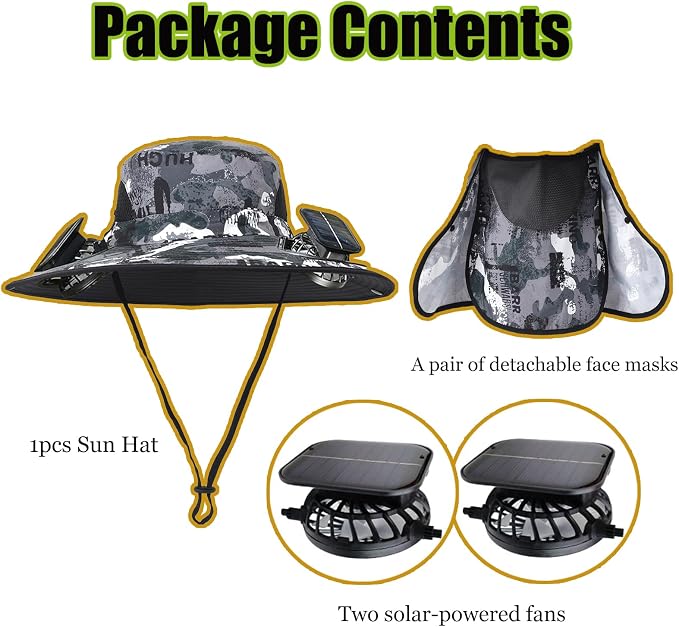 Wide Brim Solar Fan Hat for Men Women, 2026 3-in-1 Detachable Solar Powered Fan Hat, with Removable Neck Cap and Face Mask