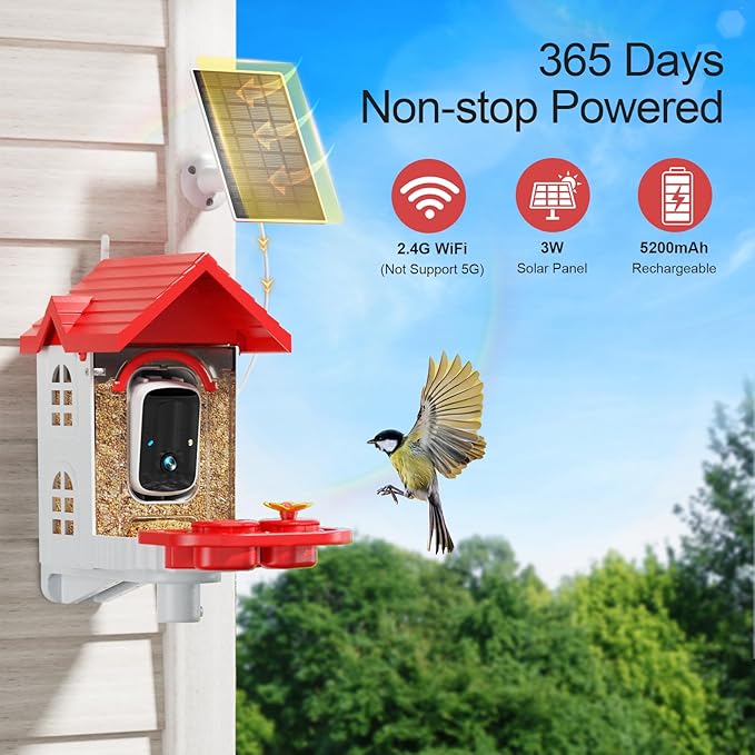 SV3C Bird Feeder with Camera, Smart Bird Feeder Camera with AI Identify BirdSpecies, Solar Powered, Instant Alerts, 2K HD Video, Various DIY Addons, 2.4G WiFi, Gift for Mom Dad and Birdlover (Red)