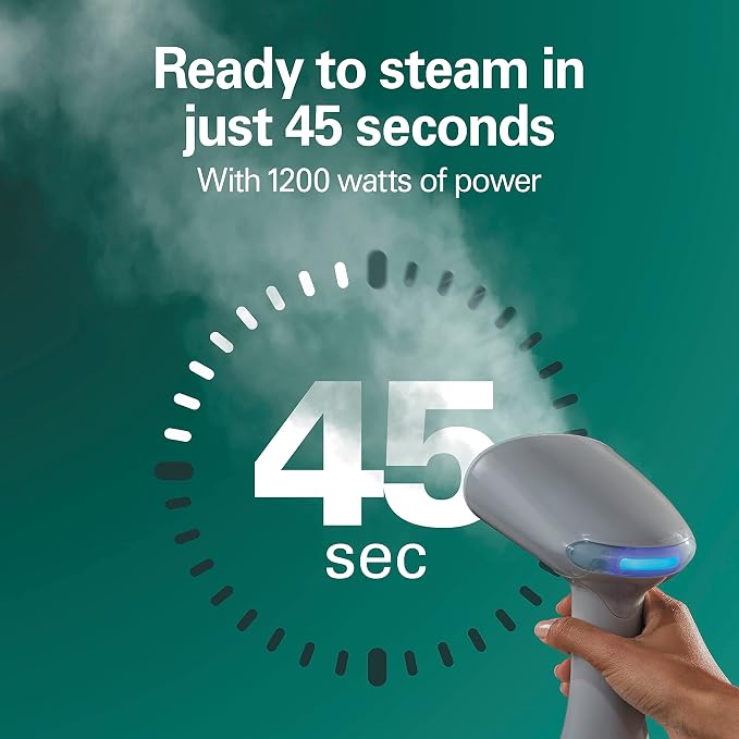 Hamilton Beach Handheld Garment Steamer for Clothes, Fabric and Drapes,1200 Watts, 400ml Water Tank, 20 Minutes of Continuous Steam, Vacation Essentials, Gray & Blue (11557)