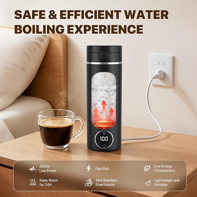 Portable Travel Electric Tea Kettle,6 Preset Temp Plug-in Keep Warm,15 OZ Small Hot Water Boiler,304 Stainless Steel,Auto Shutoff&Boil Dry Protection,Termo Electrico Portatil Black for RV Travel