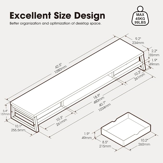Fenge Dual Monitor Stand, Monitor Riser with Drawer, 42.5 Inch Large Computer Monitor Stand for 2 Monitors, 2 Tier Wooden Desk Shelf for Top of Desk