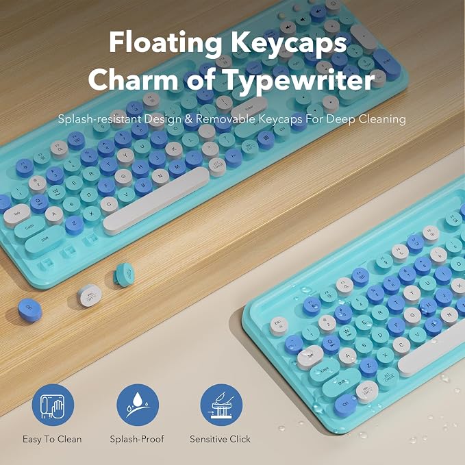 Wireless Keyboard and Mouse Combo, Retro Round Keycaps, Full-Size Cute Typewriter Keyboard with Large Phone/Tablet Holder, Auto-Sleep, 2.4GHz Cordless for Windows/PC/Laptop, Trueque CK13 (Sky Blue)