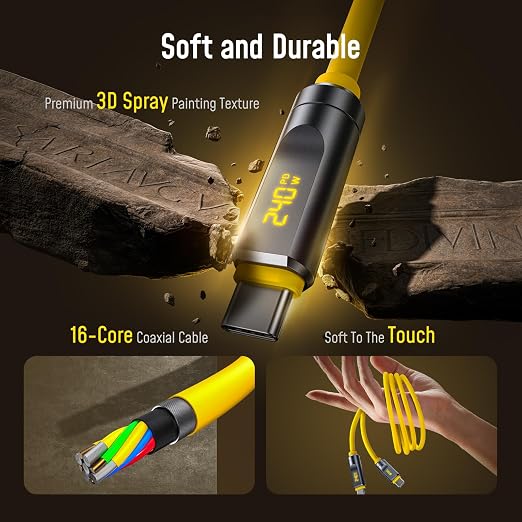 AOHI USB4 2.0 Cable with LED Display 6.6ft, 240W PD3.1 Fast Charging, 80Gbps Data Transfer, Dual 8K Display, The Future Adonis USB C Cable for MacBook Pro/iPhone 17 Pro Max/Galaxy/SSD/Docking, Yellow