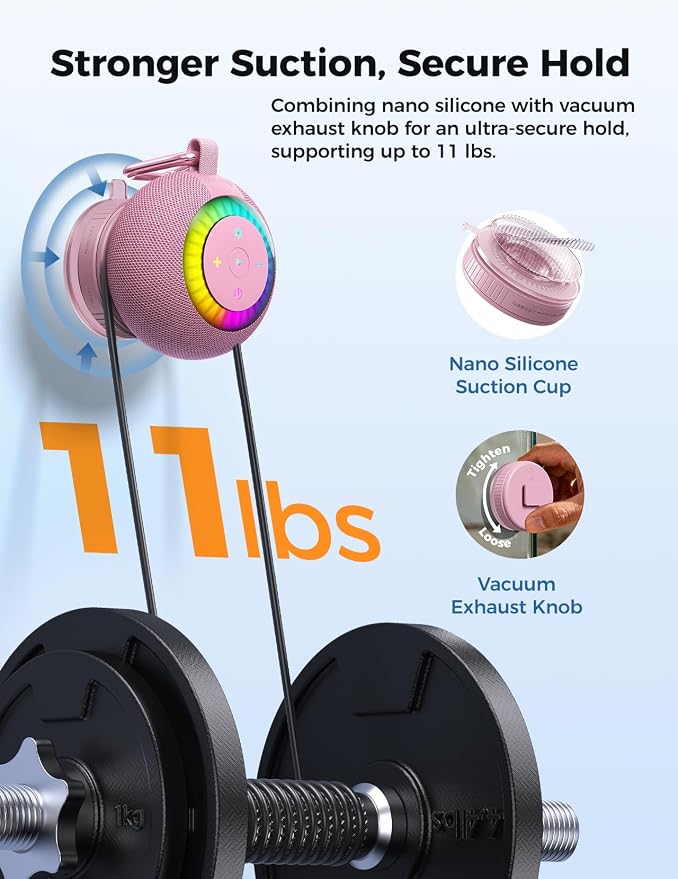 Bluetooth Shower Speaker Waterproof IPX7: Removable Vacuum-Lock Suction Cup, 360° Surround Sound, RGB Light, Portable Wireless Speaker for Beach, Pool, Kayak, Back to School Gifts for Adult Teen-Pink