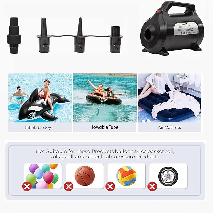 ZOOMBROS Electric Air Pump 120V for Inflatable Towable Tube/Boat/Air Mattress/Swim Ring/Pool Toy/Snorkel/Water Sports with 5 Valve Adapters