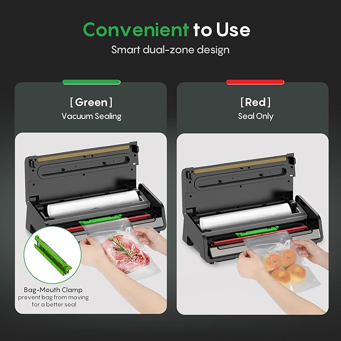 FRESKO Food Vacuum Sealer with Automatic Bag Detection, 0.2-inch Widened Heating Strip, Built-in Bag Roll Storage & Cutter, 1 Roll Bag, Starter Kit