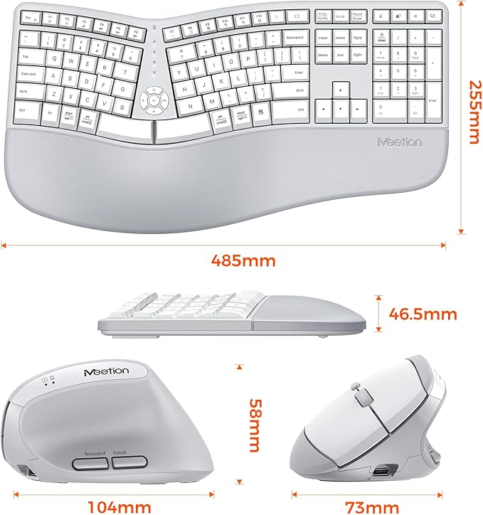 MEETION Ergonomic Keyboard and Mouse, Wireless Keyboard with Vertical Mouse, Split Curved Keyboard with Wrist Rest, Natural Typing Full Size for Windows/Mac/PC/Laptop, Gray