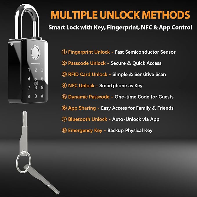 Heavy Duty Fingerprint Padlock with Key, Outdoor Smart Padlock with Code Keypad, Smart Combination Gate Lock for Outdoor Fence, Gate, Storage Unit, Tuya App, Waterproof (10 mm Shackle)