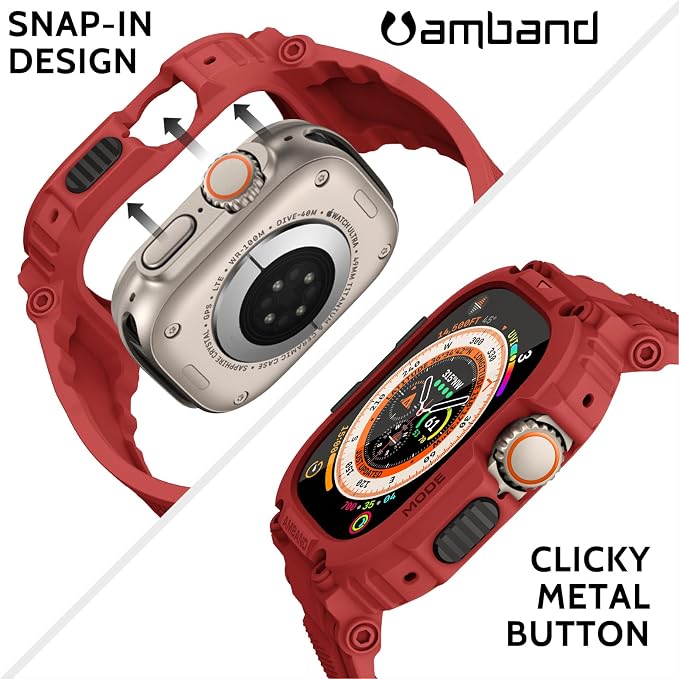 amBand Bands Case Screen Protector Compatible with Apple Watch Ultra 3/2/1 49mm, M1 Sport Series Rugged Cover Strap and 9H Tempered Glass Film, Protective Bumper for iWatch 49 mm Men - Mars Red
