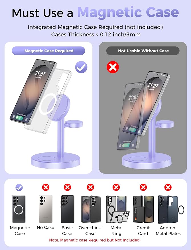 Magnetic Wireless Charger for Samsung, 3 in 1 Super Fast Charging Station Compatible with MagSafe, Phone Charger Stand for Samsung Galaxy S26 Ultra S25 Z Fold/Flip 7, Watch Ultra 8 7 6, Buds 4/3 Pro