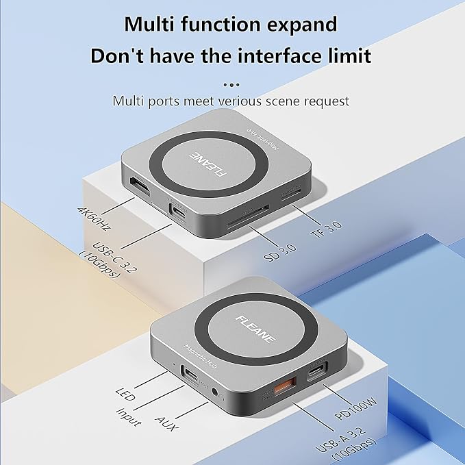 Magnetic USB C Hub 8 in 1 & Type-C Docking Station M.2 NVMe 2230 SSD Enclosure, 4K@60Hz HDMI 10Gbps USB-A/USB-C 3.2 SD/TF 3.0 Card Solt AUX 100W PD for iPhone 15 16 MacBook Pro Air Laptop