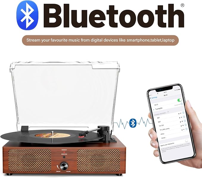 Vinyl Record Player Turntable with Built-in Bluetooth Receiver & 2 Stereo Speakers, 3 Speed 3 Size Portable Retro Record Player for Entertainment and Home Decoration