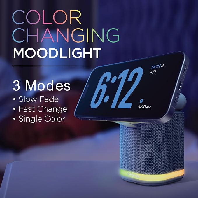 iHome Bluetooth Speaker with Wireless Charger, Charging Station with Color Changing Night Light - Gray (iPBT50G)