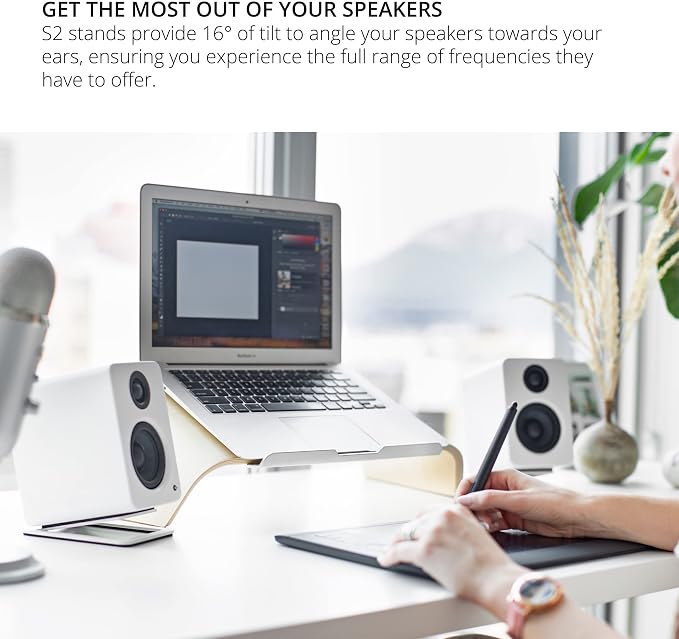 Kanto S2 Tilted Desktop Speaker Stands for Small Speakers & Compact 2”-3” Studio Monitors | Supports 6 lbs | Damping Foam Padding | White, Pair