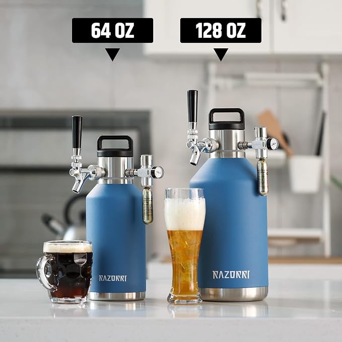 Razorri 64oz Stainless Steel Beer Growler, Double-Wall Vacuum Insulated Carbonated Keg with Professional Bar Tap and Pressurized CO2 Regulator, 0.5 Gallon, Ocean Blue