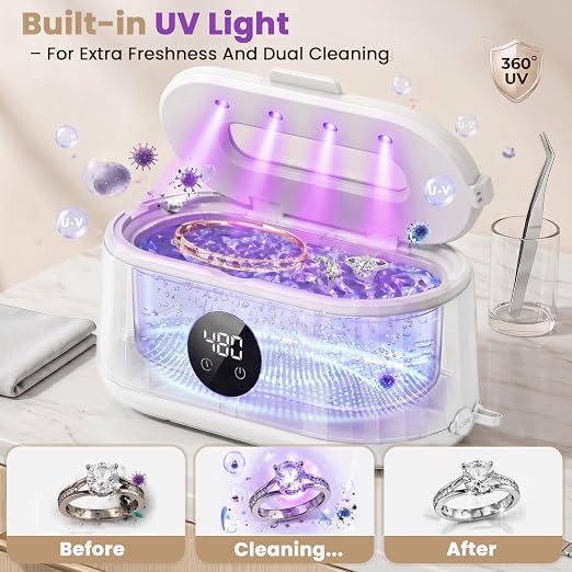 Ultrasonic Jewelry Cleaner, 50kHz Ultrasonic Cleaner Machine for Jewelry, Eyeglass, Retainers,Watch Strap, Rings,420ml 304 Stainless Steel Tank, 5 Timer Modes & LED Digital Display (White)