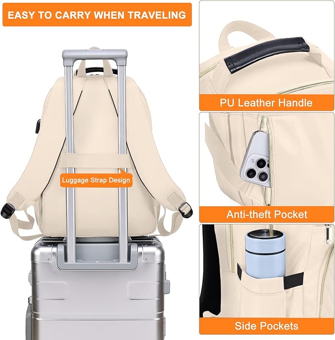 Lunch Backpack for Women, Water Resistant Insulated Cooler Lunch Bag, 15.6 inch Laptop Backpacks with USB Port, Picnic Backpack with Lunch Box for College Work Camping Beaches, Beige
