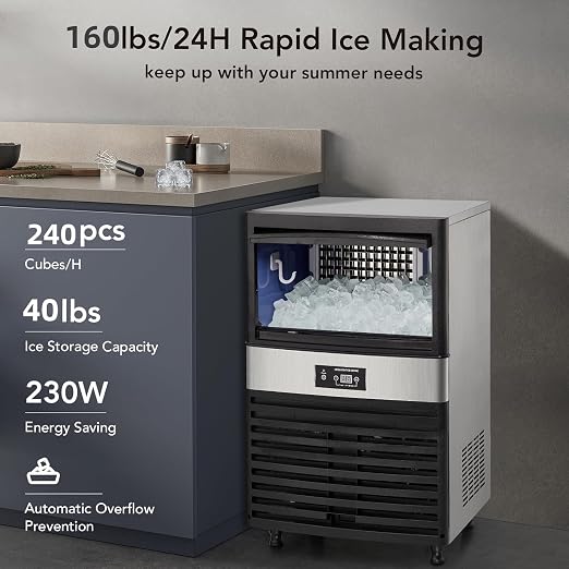 GarveeTech Commercial Undercounter Ice Maker 160 LB/24H - Stainless Steel Freestanding w/40 LB Storage，5x12 Cylinder Ice Cube Production for Restaurants/Bars
