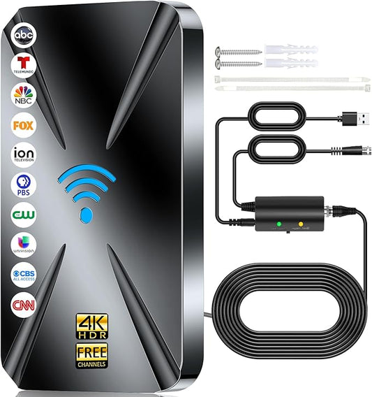 1600+ Miles Range Digital Antenna for Smart TV Indoor, HD Antenna for TV Local Channels with Amplifier, Outdoor Antenna Support 8K 4K 1080p All TVs -38FT Coax Cable