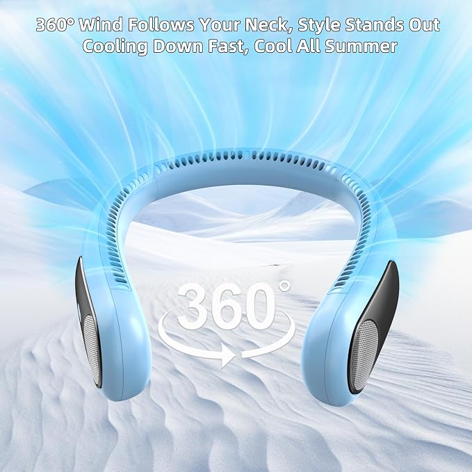 Portable Neck Fan, Personal Wearable Bladeless Fan for Outdoor Indoor, LED Display, 360° Cooling, 4-Speeds, 6000mAh USB Rechargeable, Birthday Gifts for Men Women Dad Mom (Light blue)