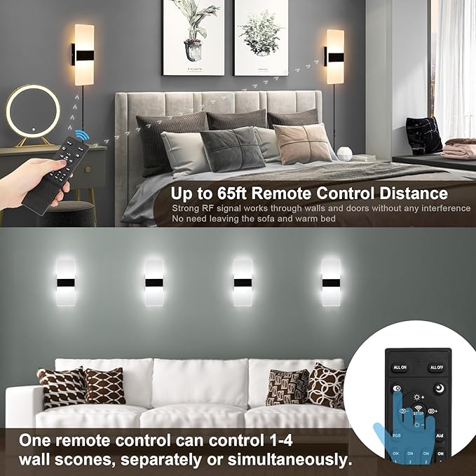 GOODATE Plug in Wall Sconce with Stepless Adjustable 3000K-6500K Colors and 10%-100% Brightness, 12W Acrylic LED Wall Light with Remote, Hardwire or Plug-in (1 Pack, Black)