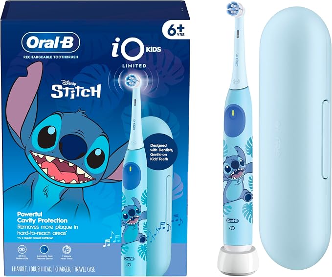 Oral-B iO Kids Limited Rechargeable Electric Powered Toothbrush, Stitch - Automatic Pressure Sensor - 3 Cleaning Settings - Music Timer - 28 Day Battery Life - Travel Case