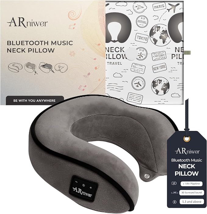 Bluetooth Music Neck Pillow Plus+ Thicker Support Wireless Bluetooth Speaker Suitable Airplane,Train,Car,Office,Outdoor Camping for Sleeping, Resting The Best Travel Essentials. (Dark Gray)