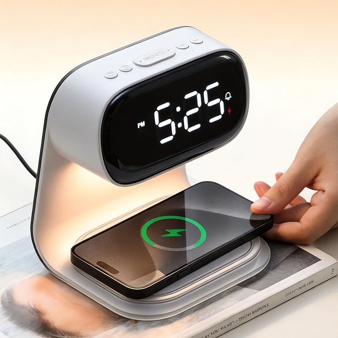 Multifunctional Wireless Charging Bedside Lamp with Digital Clock, Dimmable Night Light, 15W Fast Charge, Alarm & Touch Control, All-in-One Nightstand Organizer, A40 White.