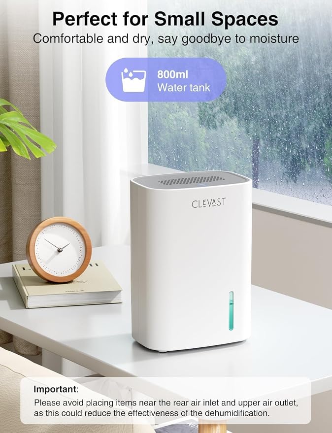 CLEVAST Small Dehumidifier for Home, 30 OZ Mini Quiet Dehumidifiers for Bedroom, Portable Compact Air Dehumidifier for Bathroom, Closet, RV, Camper, House (285 sq. ft), Not Cordless