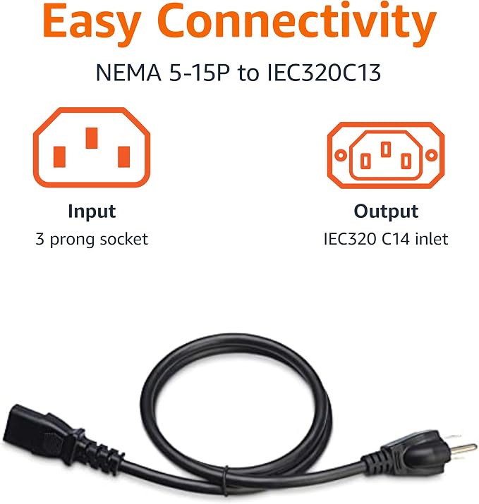 Amazon Basics PC Power Cord, 3 Feet, 3 Prong AC Power Cord for Monitor, Computer, TV, 18 AWG, 125 Volts, Black (Pack of 2)