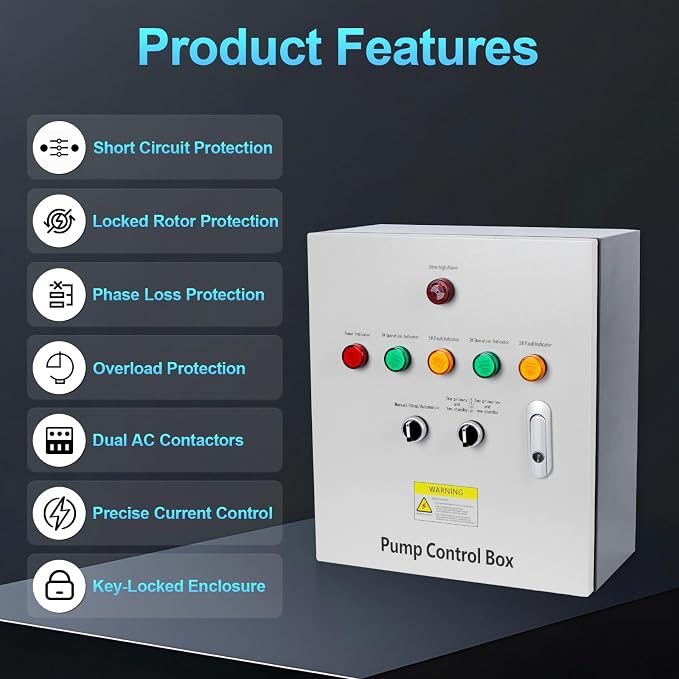 2 HP Well Pump Control Box, 220V Single Phase, 2 AC Contactors, 2 Float Switch, Ultra-high Water Level Alarm, Manual/Automatic, Safe & Reliable for Submersible Well Pump