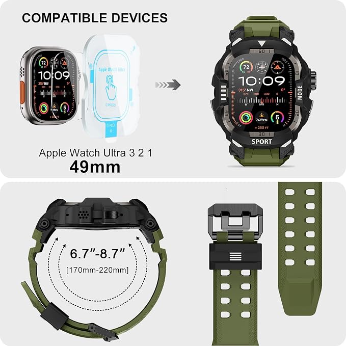 DABAOZA Rugged Case with Band Screen Protector Compatible with Apple Watch 49mm, for iWatch Ultra 3/2/1,Military Grade Shockproof Bumper and Men's Tactical Heavy Duty Strap(Army Green,49MM)