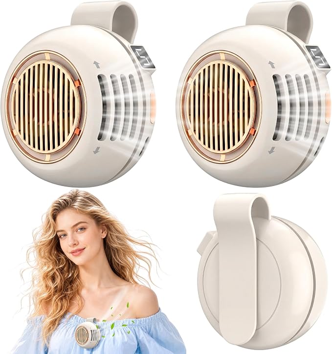 2 Pack Portable Silent Mini Bladeless Fan Clip On 5 Adjustable Speeds Digital Display 360° Rotatable USB Rechargeable Electric Small Fan for Shirt Waist Outdoor Travel(Beige)