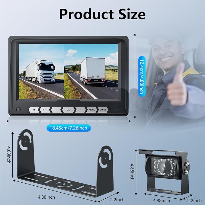 7'' Dual Camera Backup Systems with DVR Recording, IP69 Waterproof Front & Rear View Camera, Loop Recording, Split Screen, 12V-24V
