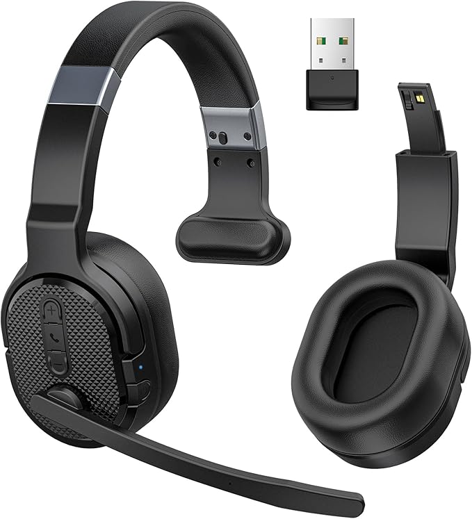COSMUSIS Trucker Bluetooth Headset with Dongle, Wireless Headsets with Noise Cancelling Microphone, 50+Hrs HD Talktime Bluetooth Headphones with Detachable Earpad/Single+Dual Mode for Office/Driving