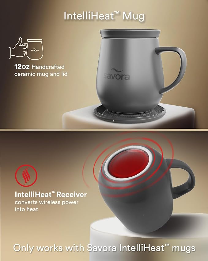 12oz IntelliHeat™ Coffee Mug | Barista’s Choice | Exclusive Wireless SmartSense Pad | Maintains Perfect 135°F | Hand-Crafted Ceramic Mug & Lid | for Tea Drinkers | Backed for Life - Grey