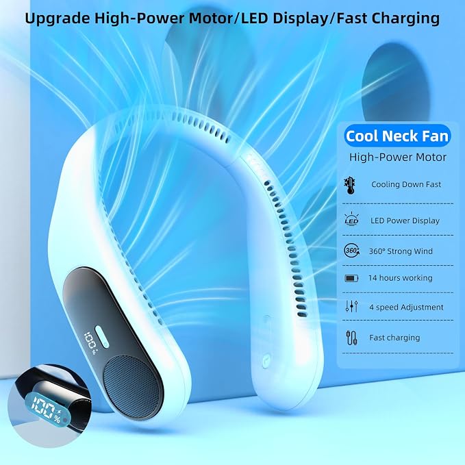 Portable Neck Fan, Personal Wearable Bladeless Fan for Outdoor Indoor, LED Display, 360° Cooling, 4-Speeds, 6000mAh USB Rechargeable, Birthday Gifts for Men Women Dad Mom (Light blue)