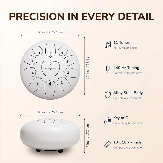 Balmy Drum Steel Tongue Drum 10 inch 11 Notes 440Hz, Handpan Drum with Music Book, Mallets, Carry Bag, Finger Picks, Rain Drum for Outdoor, Meditation Yoga Calming Instruments for Adults Kids (White)