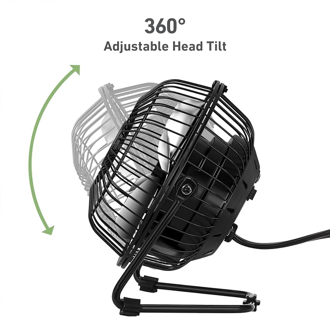 HOLMES 4" Mini High-Velocity Personal Desk Fan, 4 Blades, Adjustable 360° Head Tilt, Durable Metal Construction, Single Speed, Ideal for Home, Dorm Rooms, Bedrooms, or Offices, Black